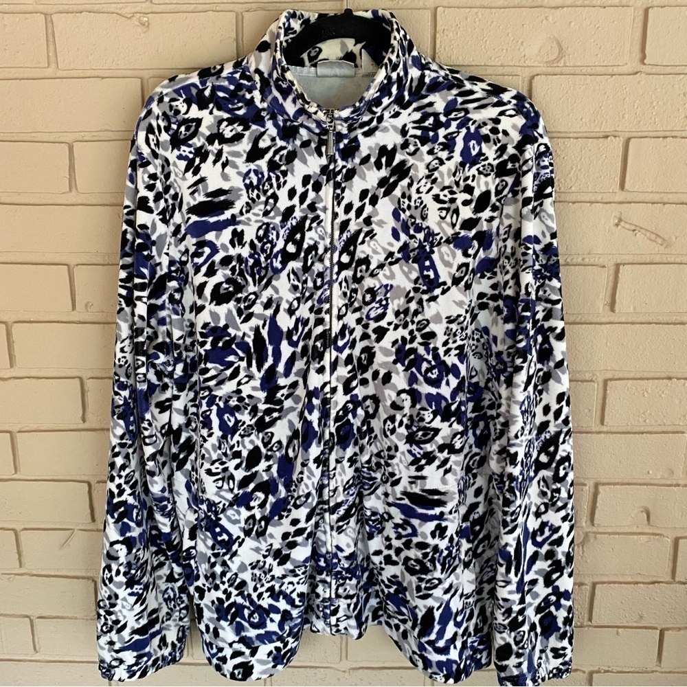 Chicos Zenergy Velvet Animal Print Zip Jacket Blue Animal Print Long Sleeve Sz 3